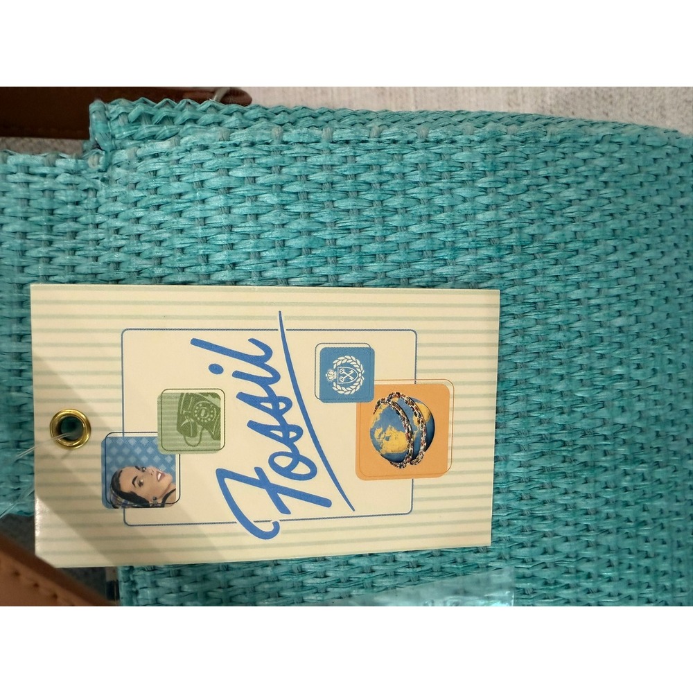 Fossil Straw Bamboo Handle Crossbody Bag Turquoise Blue Woven Summer Handbag NEW - Picture 10 of 12